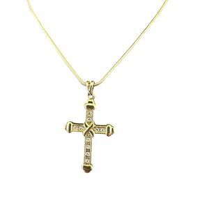 Rhinestone Gold Tone Cross Pendant On Snake Style Chain Necklace